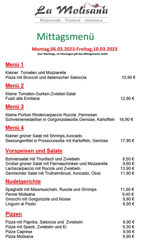 Mittagstisch | Ristorante Pizzeria La Molisana