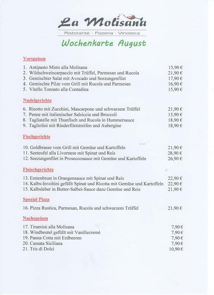 Wochenkarte Ristorante Pizzeria La Molisana