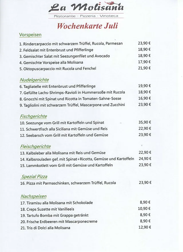 Wochenkarte - Ristorante Pizzeria La Molisana
