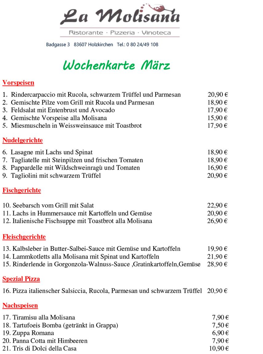 Wochenkarte Ristorante Pizzeria La Molisana