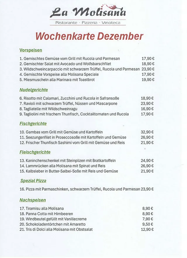 Wochenkarte - Ristorante Pizzeria La Molisana