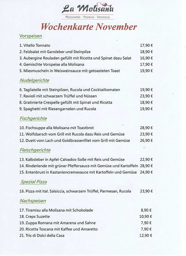 Wochenkarte - Ristorante Pizzeria La Molisana