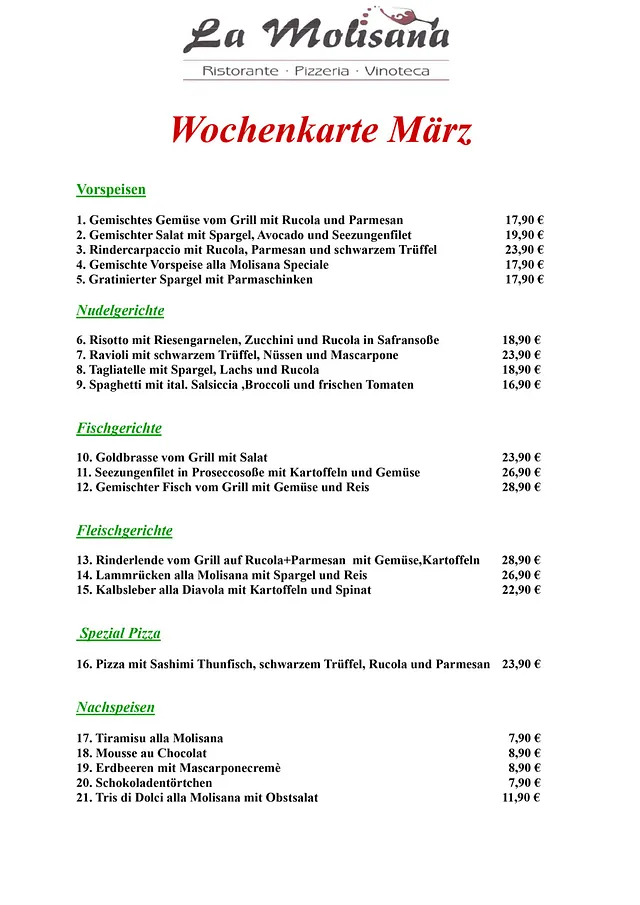 Wochenkarte - Ristorante Pizzeria La Molisana