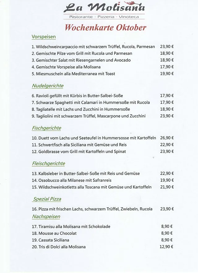 Wochenkarte - Ristorante Pizzeria La Molisana