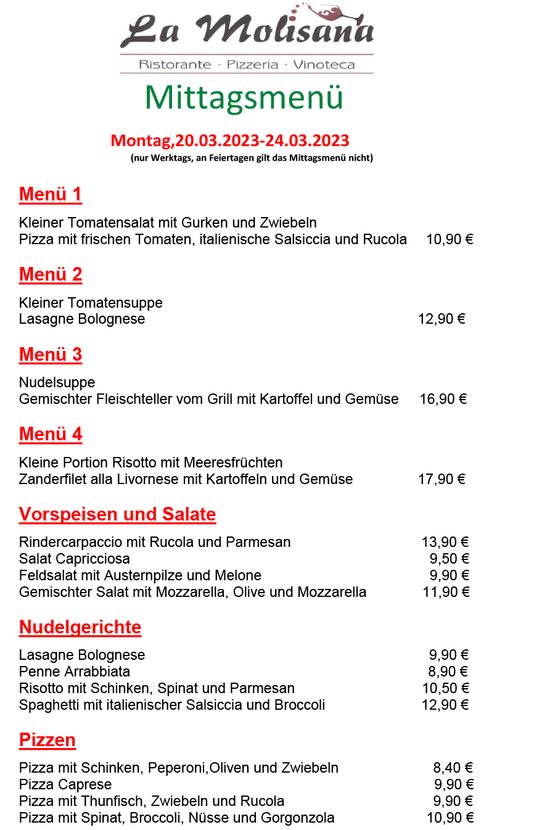 Mittagstisch | Ristorante Pizzeria La Molisana