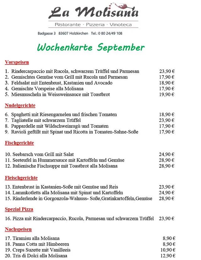Wochenkarte - Ristorante Pizzeria La Molisana