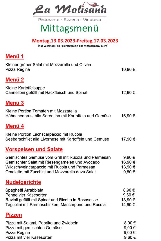 Mittagstisch | Ristorante Pizzeria La Molisana