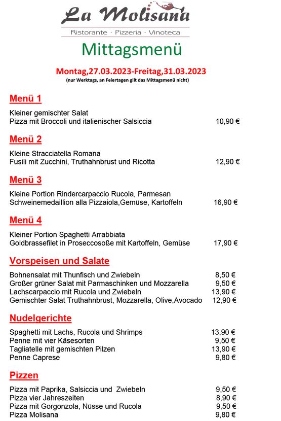 Mittagstisch | Ristorante Pizzeria La Molisana
