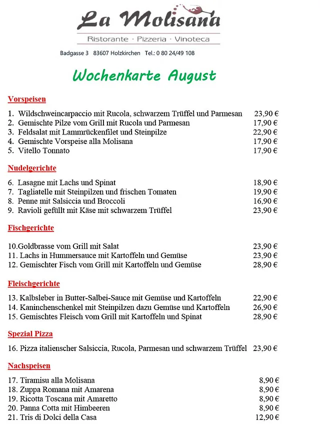Wochenkarte - Ristorante Pizzeria La Molisana