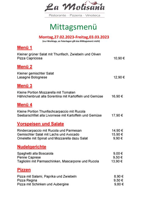 Mittagstisch | Ristorante Pizzeria La Molisana